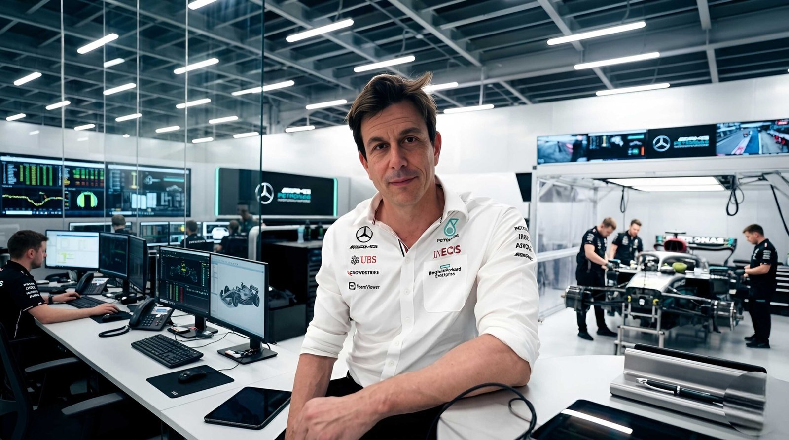 Toto Wolff at Mercedes F1 factory headquarters overseeing the 2026 W17 car development team