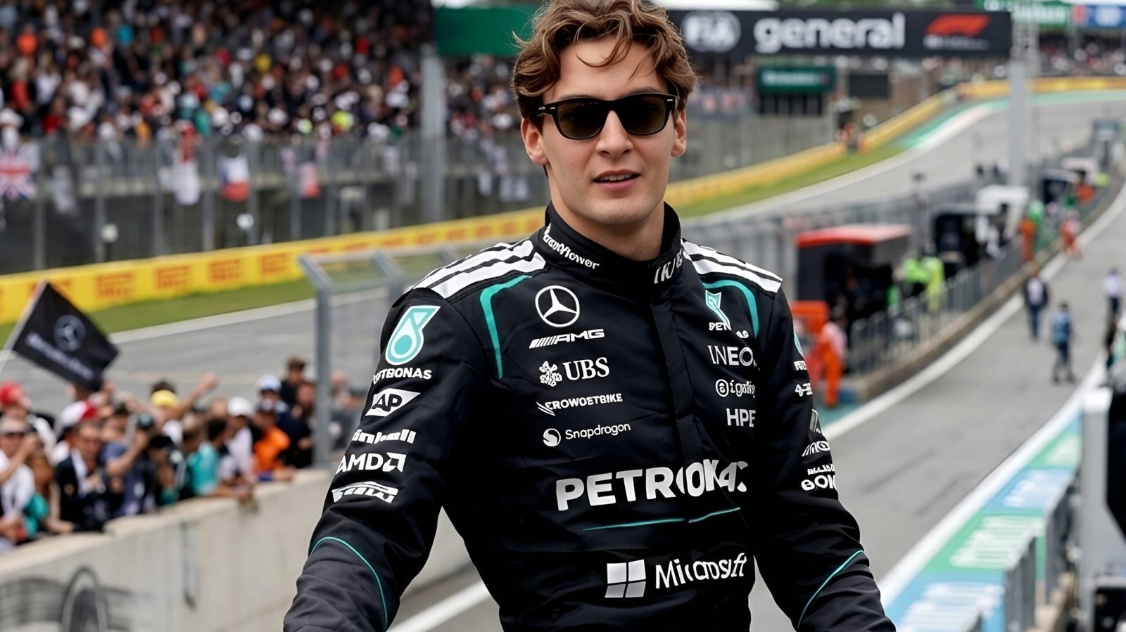 George Russell in Mercedes 2026 race suit at F1 track during the Japanese Grand Prix weekend.