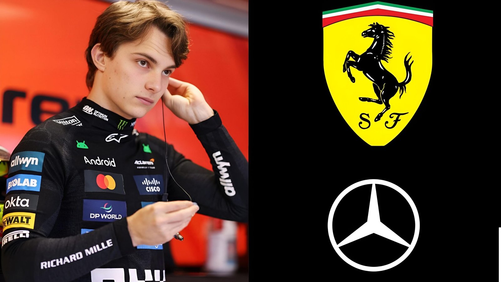 Oscar Piastri in McLaren gear alongside the Ferrari and Mercedes logos for F1 2026 analysis.