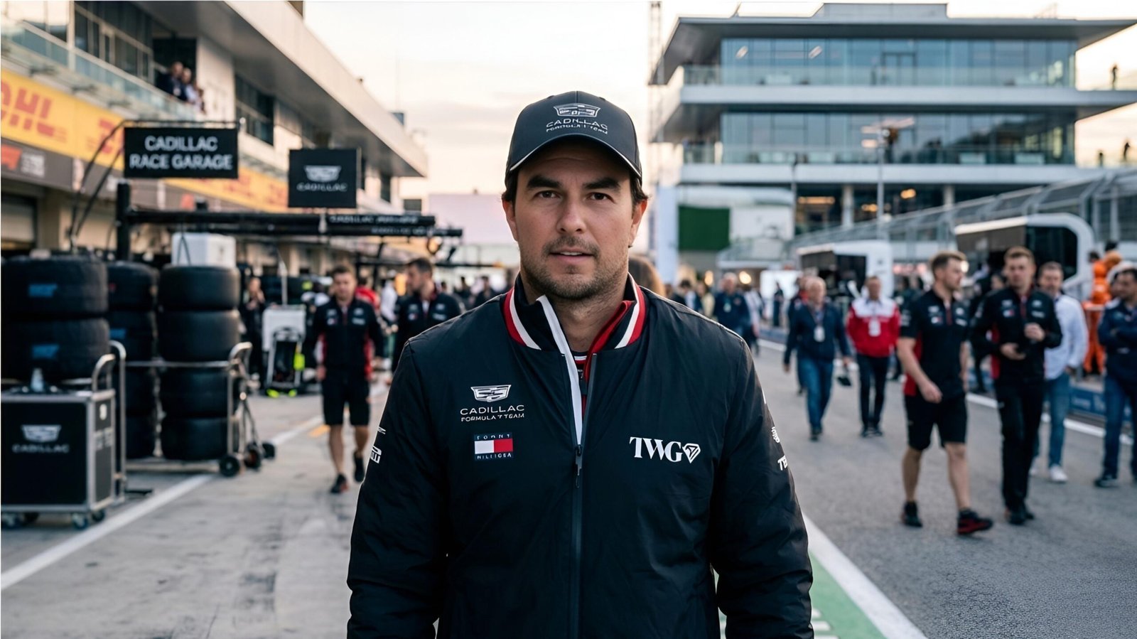 Sergio Perez in Cadillac Racing gear at the F1 pit lane during the 2026 Grand Prix season.
