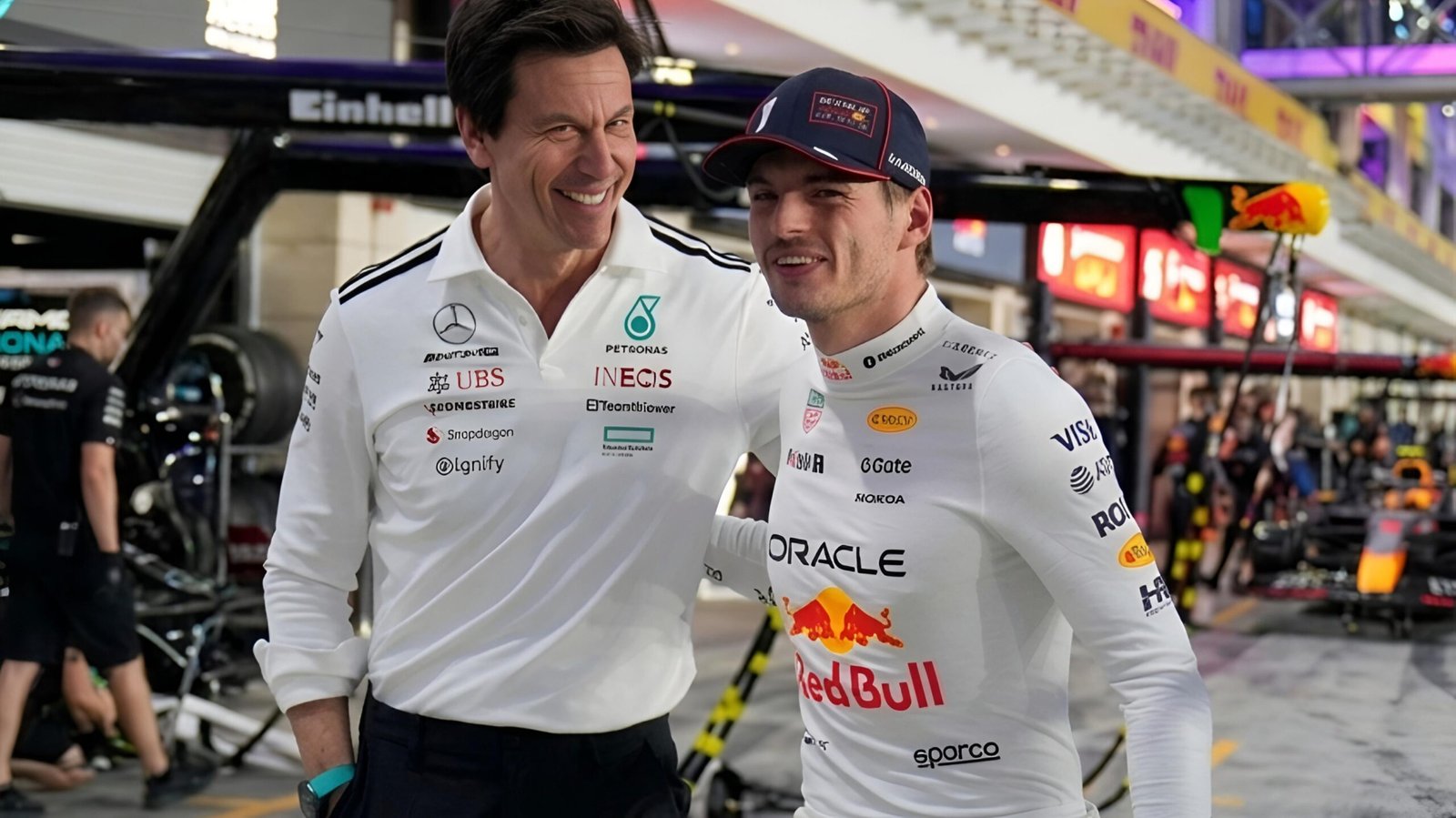 Toto Wolff Defends 2026 F1 Regulations After Max Verstappen Calls Them a 'Joke' 1 Mercedes team principal Toto Wolff with Red Bull driver Max Verstappen in F1 paddock during 2026 regulations debate