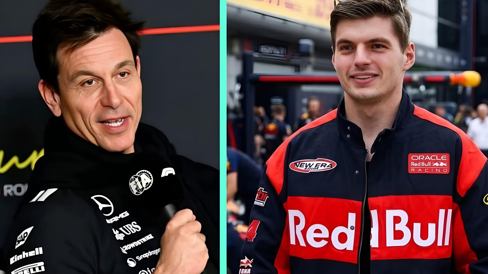 Mercedes F1 boss Toto Wolff and Red Bull driver Max Verstappen in a side-by-side photo split.