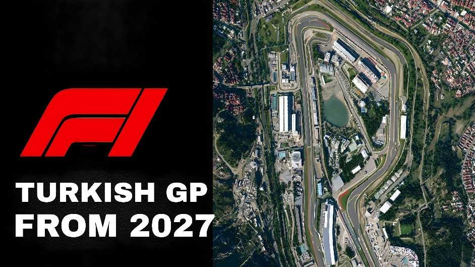 Aerial view of Istanbul Park Circuit next to F1 logo with text Turkish GP From 2027