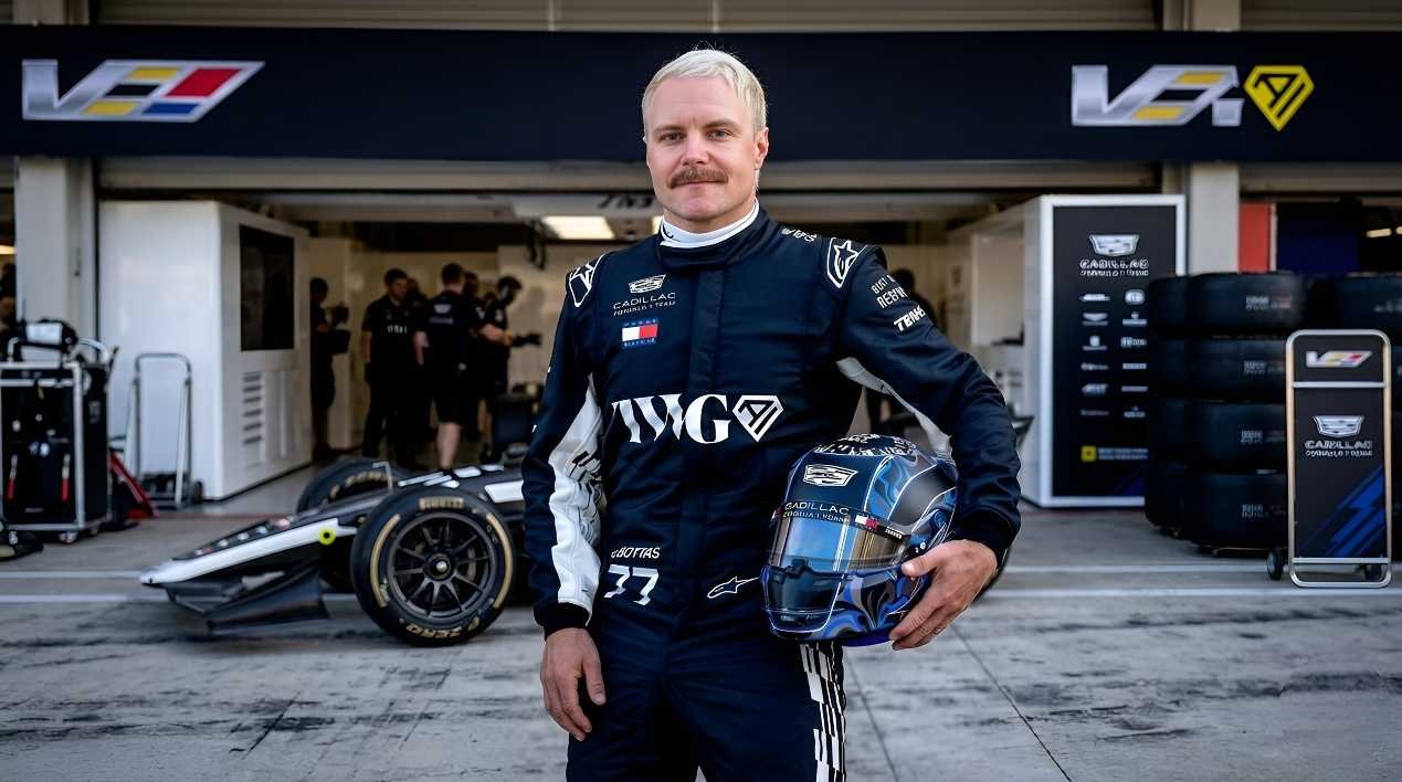 Valtteri Bottas wearing Cadillac F1 Team racing suit number 77 holding helmet in garage with Cadillac Formula 1 car in background, 2026 season