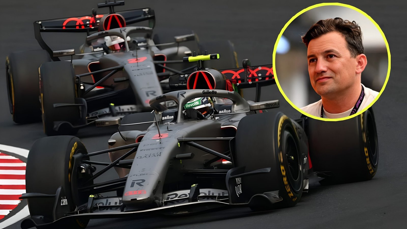 Will Buxton's profile and two Audi Revolut F1 cars on track in 2026.