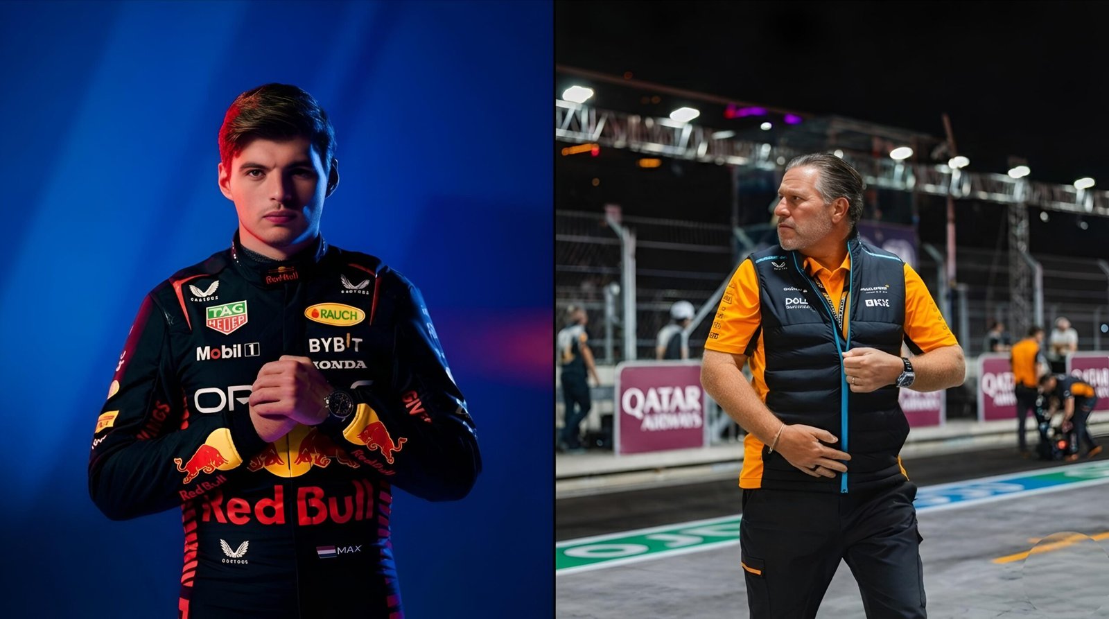 Max Verstappen in Red Bull gear and McLaren CEO Zak Brown in the paddock side-by-side.